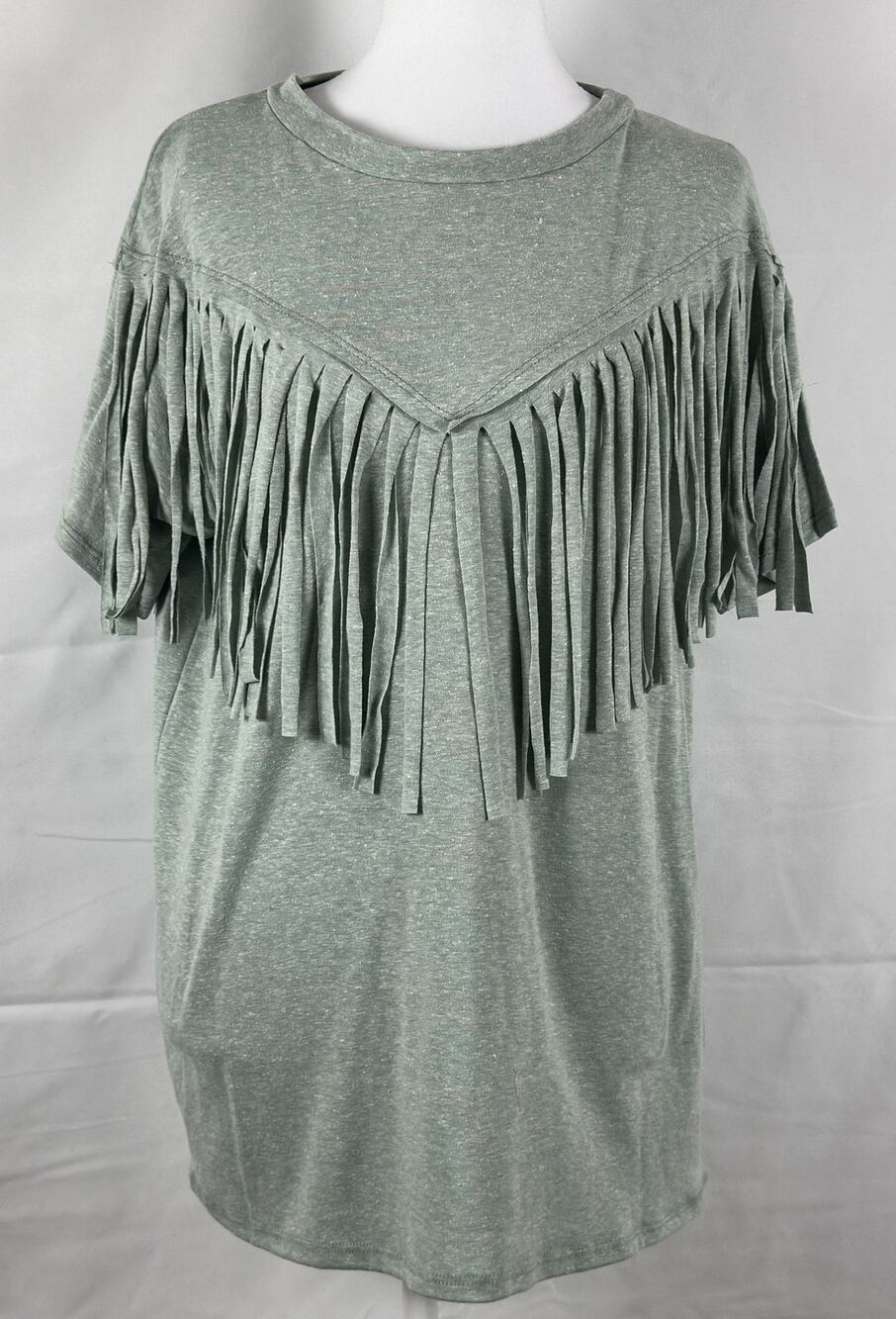 Vine & Love Fringe Detail Knit Tee – Light Sage Heather – NWOT SZ L Boho Western
